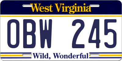 WV license plate OBW245