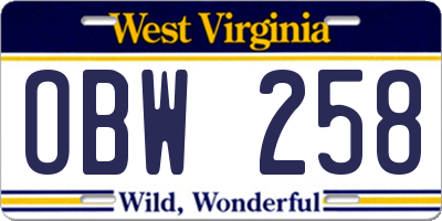 WV license plate OBW258