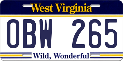 WV license plate OBW265