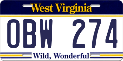 WV license plate OBW274