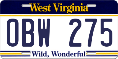 WV license plate OBW275