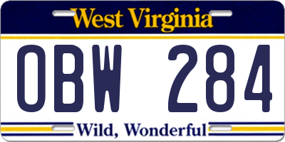 WV license plate OBW284