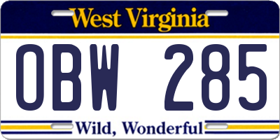 WV license plate OBW285