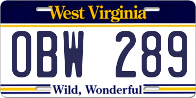WV license plate OBW289