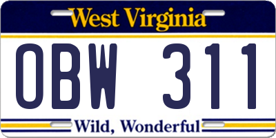 WV license plate OBW311