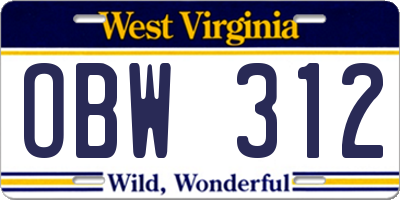 WV license plate OBW312