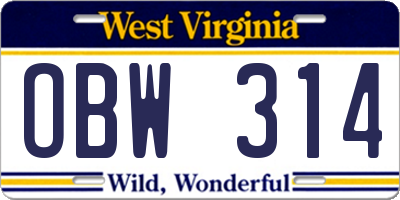 WV license plate OBW314