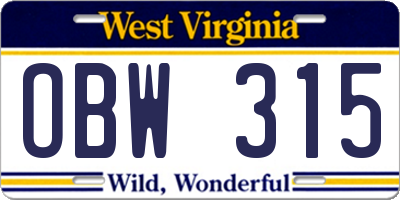 WV license plate OBW315
