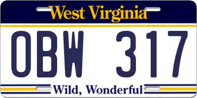 WV license plate OBW317
