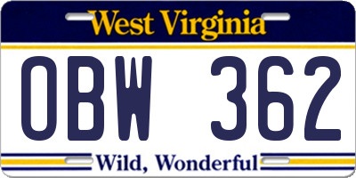WV license plate OBW362