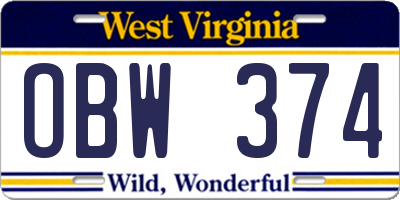 WV license plate OBW374