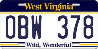 WV license plate OBW378