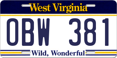 WV license plate OBW381