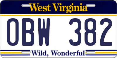 WV license plate OBW382