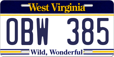 WV license plate OBW385
