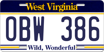 WV license plate OBW386