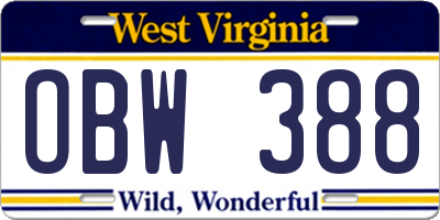 WV license plate OBW388