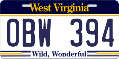 WV license plate OBW394