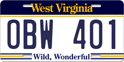 WV license plate OBW401