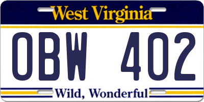 WV license plate OBW402