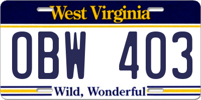 WV license plate OBW403