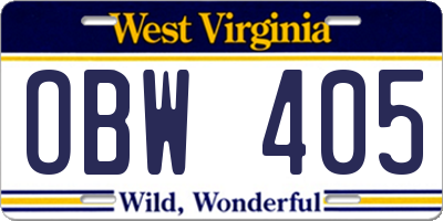 WV license plate OBW405