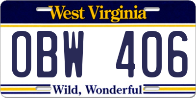 WV license plate OBW406