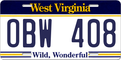 WV license plate OBW408