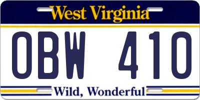 WV license plate OBW410