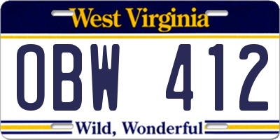 WV license plate OBW412