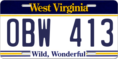 WV license plate OBW413