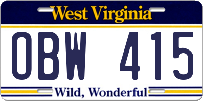 WV license plate OBW415