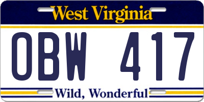 WV license plate OBW417