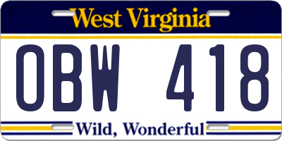 WV license plate OBW418