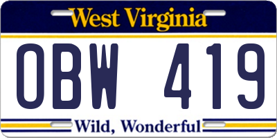 WV license plate OBW419