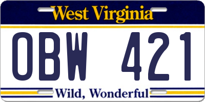 WV license plate OBW421