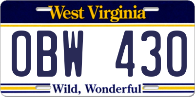 WV license plate OBW430