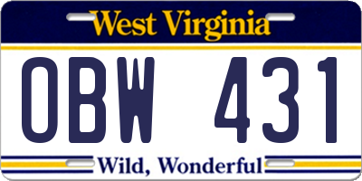 WV license plate OBW431