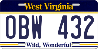 WV license plate OBW432