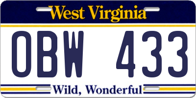 WV license plate OBW433