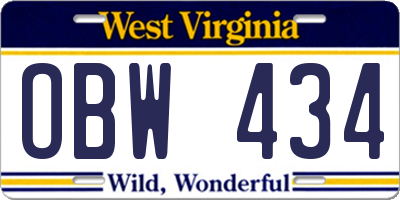 WV license plate OBW434