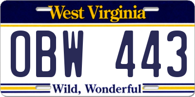 WV license plate OBW443