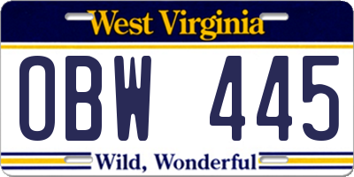 WV license plate OBW445
