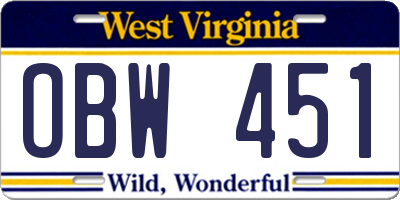 WV license plate OBW451