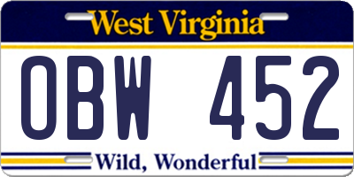 WV license plate OBW452