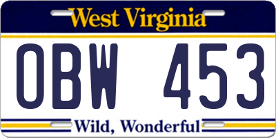 WV license plate OBW453