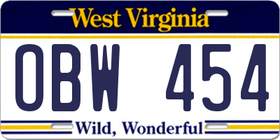 WV license plate OBW454