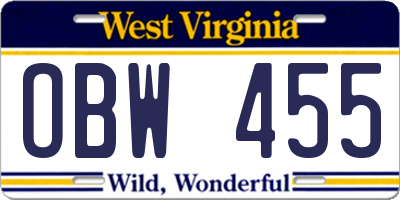 WV license plate OBW455