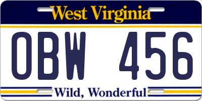 WV license plate OBW456