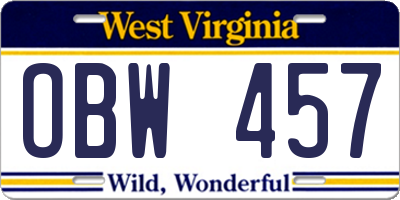 WV license plate OBW457